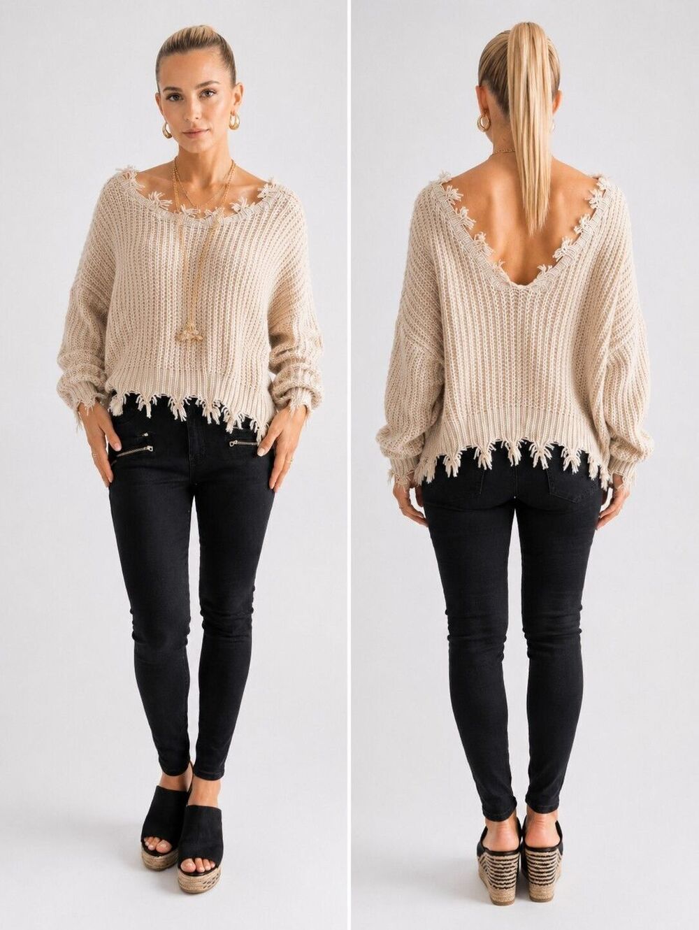 STORIA Distressed Fringed Reversible Cropped Knit Sweater Size Small